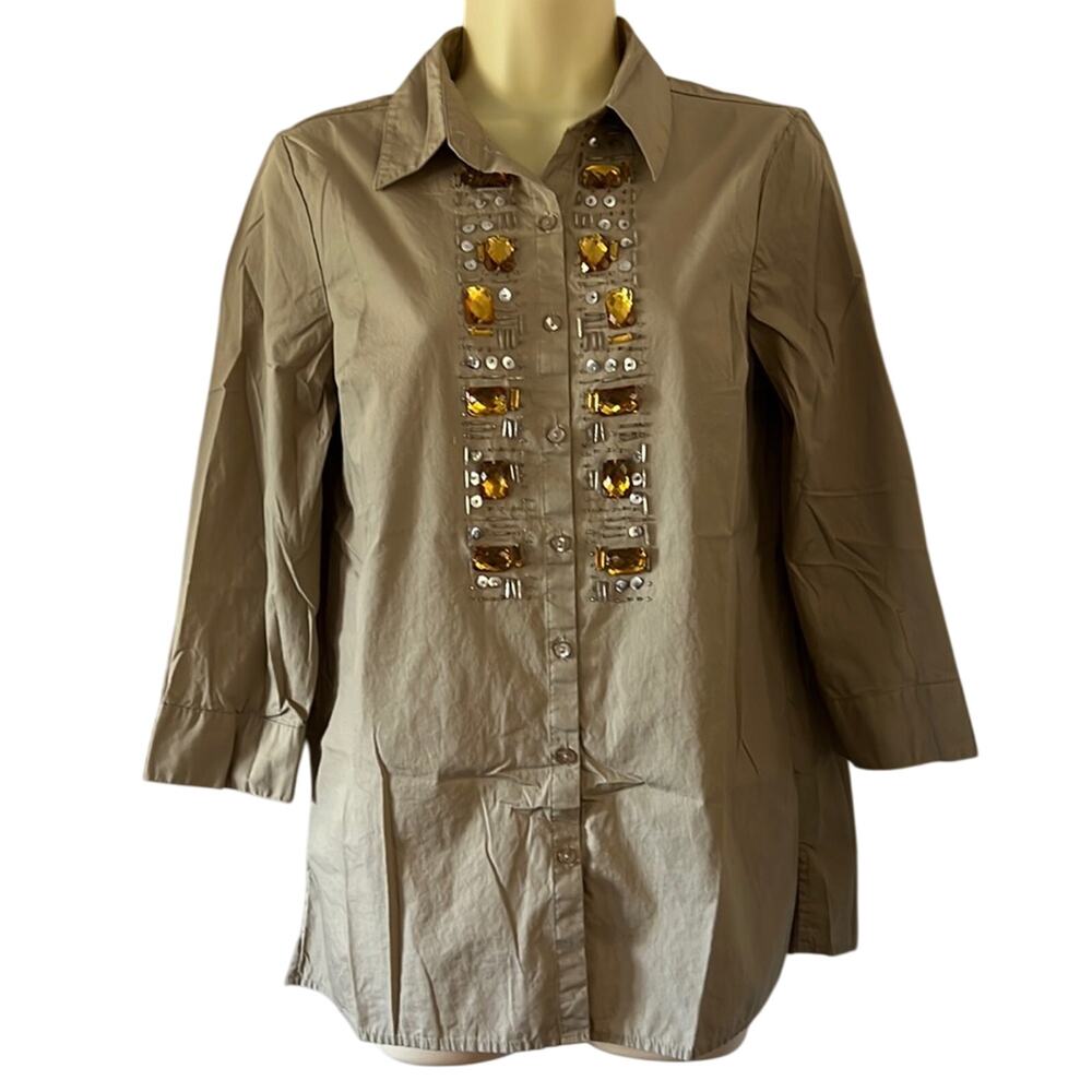 Jaclyn Smith Woman Size S Tan Embellished Cotton Blouse Jewels 3/4 Sleeves Y2K